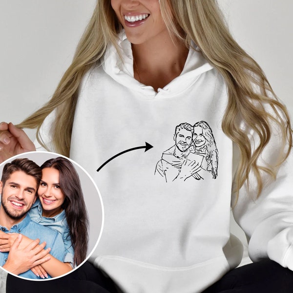 Aangepaste hoodie met portret van foto, line art foto hooded sweatshirt, schattig paar hoodie, Valentijnsdag cadeau, trendy gepersonaliseerd cadeau