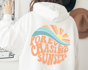 Chasing Sunsets-hoodie, retro grafisch sweatshirt met print op de achterkant van de zonsondergang