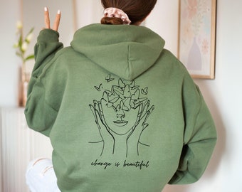 Line Art Hoodie, Hoodie mit Rückenprint, One Line Gesicht und Schmetterlinge, Minimalistischer Kapuzenpulli mit Spruch, Mentale Gesundheit