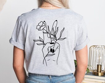 Graues T-Shirt mit Peace Zeichen und Love Print, Casual Shirt für Frauen, Retro Rückenprint mit Blumen, Hippie T-Shirt, Geschenk für Sie