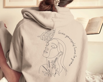 Line Art Hoodie mit Gesicht, Schmetterling & Blumen, Hoodie Damen, Kuscheliger Kapuzenpulli, One Line Art Hoodie mit Spruch, Mental Health