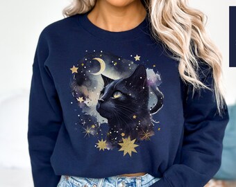 Cat Lover Sweatshirt, Cat Mom Gift, Cat Mom Sweatshirt, Cat Owner Gift, Celestial Black Cat Sweatshirt, Gift for Cat Lover, Dark Cat Sweater