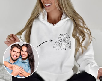 Custom Hoodie with Portrait from Photo, Line Art Photo Hooded Sweatshirt, Cute Couple Hoodie, Valentine's Day Gift, Trendy Personalized Gift