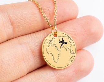 Personalized World Map Necklace, Gold & Silver Travel Gift