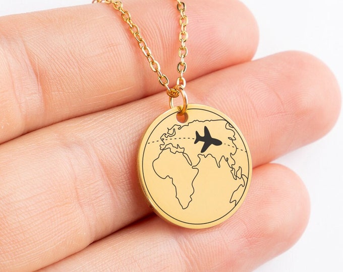 Custom World Map Necklace, Globetrotter Necklace, Travel Necklace in Gold, Rose Gold and Silver, Cute Gift for Travellers, Globe Necklace