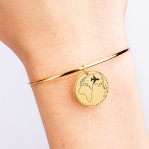 Brazalete con mapa del mundo personalizado, brazalete Globetrotter, brazalete de viaje en oro, oro rosa y plata, bonito regalo para viajeros, joyería con brazalete Globe