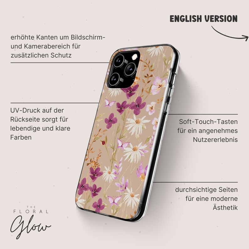 Blumen iPhone Hülle, transparente Handyhülle mit Wildblumen, personalisierbar für iPhone 15 Plus Pro Max 13 Mini 12 11, Boho Handyhülle Bild 8