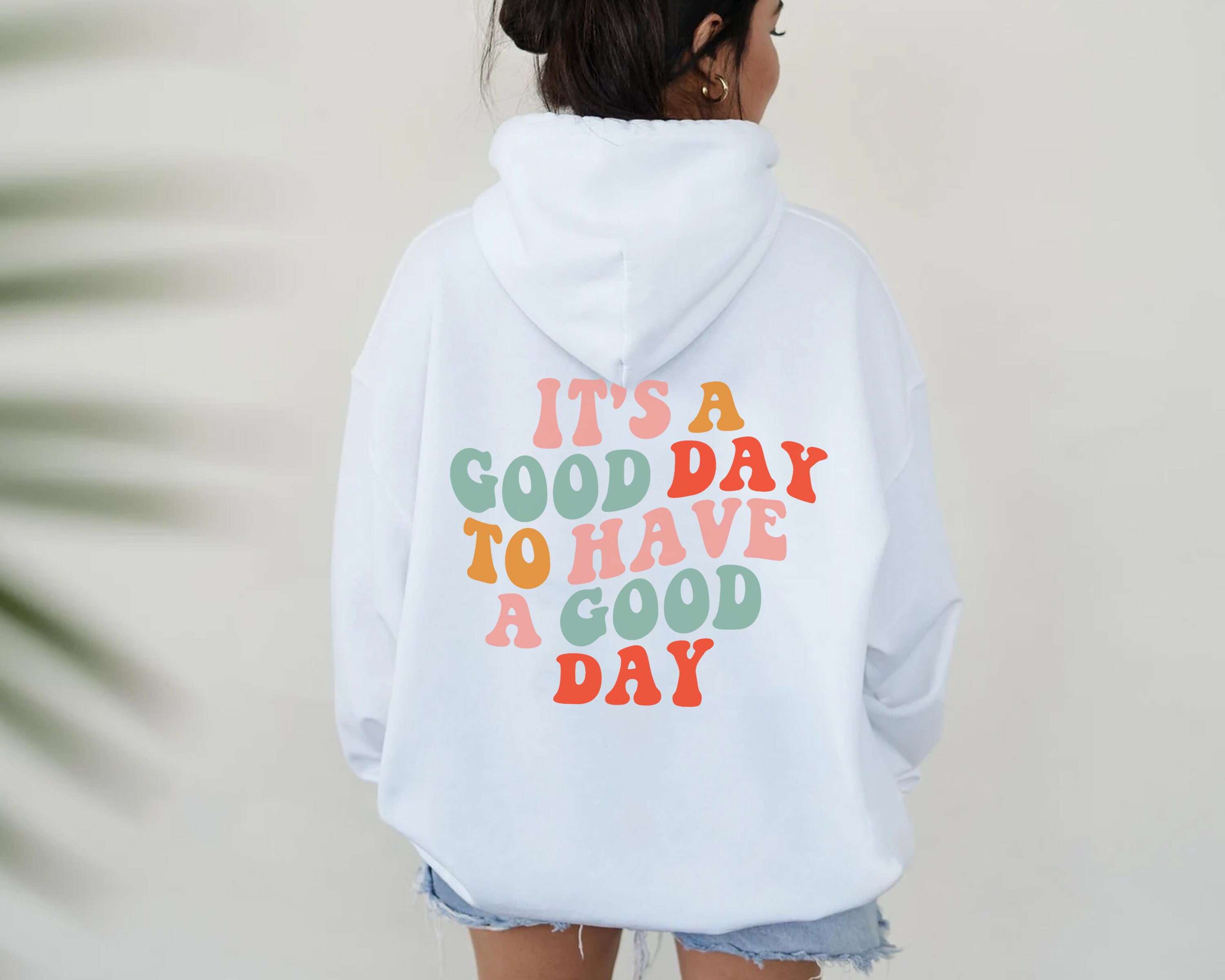 Retro Hoodie mit Rücken Print, Lustiger Kapuzenpullover mit Good Day