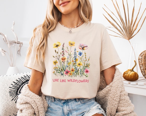 Watercolor Wildflower T-Shirt with Boho Floral Print, Front or Back Print Tee