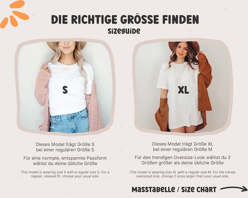 May include: Size guide for clothing with two models wearing white t-shirts. The model on the left is wearing size S with a regular size S. The model on the right is wearing size XL with a regular size M. The text "DIE RICHTIGE GR&Ouml;SSE FINDEN" is at the top of the image. The text "MASSTABELLE / Size CHART" is at the bottom of the image.
