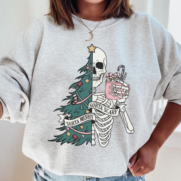 Weihnachtspullover "Sorta Merry Sorta Scary", Retro Weihnachten Sweatshirt, Pullover mit Skelett, Ugly Christmas Sweater, Grusel Xmas Pulli