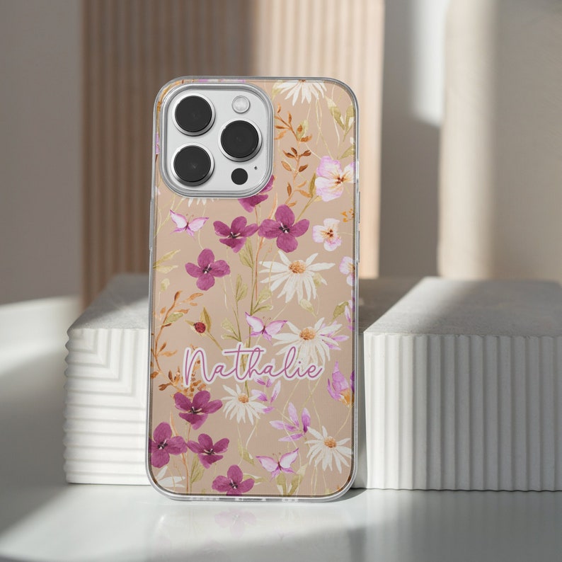 Blumen iPhone Hülle, transparente Handyhülle mit Wildblumen, personalisierbar für iPhone 15 Plus Pro Max 13 Mini 12 11, Boho Handyhülle Bild 7