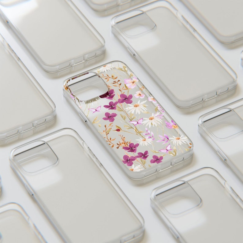 Blumen iPhone Hülle, transparente Handyhülle mit Wildblumen, personalisierbar für iPhone 15 Plus Pro Max 13 Mini 12 11, Boho Handyhülle Bild 1