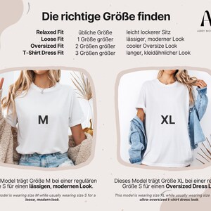 K&ouml;nnte beinhalten: Eine Gr&ouml;&szlig;entabelle f&uuml;r T-Shirts mit zwei Frauen in wei&szlig;en T-Shirts. Eine tr&auml;gt M, die andere XL. Der Text beschreibt Passformen: Relaxed, Loose, Oversized und T-Shirt Dress. Der Text erkl&auml;rt auch die Passform.