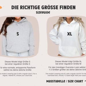 May include: Size guide for a hoodie with two models wearing different sizes. The model on the left is wearing size S with a regular fit. The model on the right is wearing size XL with a regular size M. The text "DIE RICHTIGE GR&Ouml;SSE FINDEN" is at the top of the image. The text "MASSTABELLE / Size CHART" is at the bottom of the image.