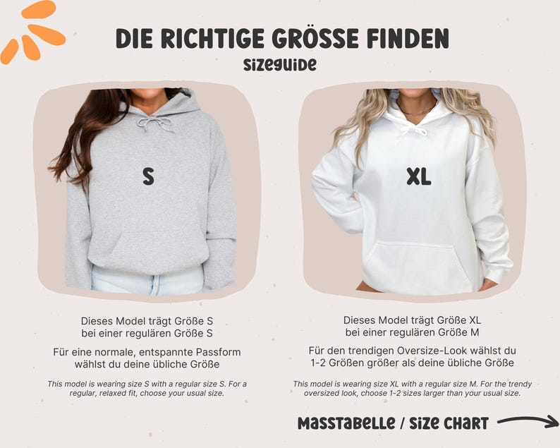 May include: Size guide for a hoodie with two models wearing different sizes. The model on the left is wearing size S with a regular fit. The model on the right is wearing size XL with a regular size M. The text "DIE RICHTIGE GR&Ouml;SSE FINDEN" is at the top of the image. The text "MASSTABELLE / Size CHART" is at the bottom of the image.