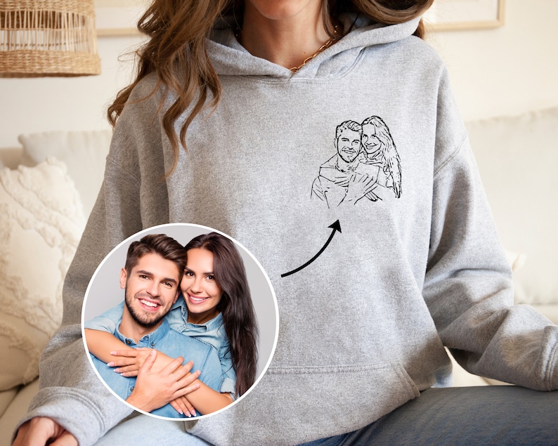 Felpa con cappuccio personalizzata con ritratto da foto, felpa con cappuccio con foto Line Art, felpa con cappuccio per coppia carina, regalo di San Valentino, regalo personalizzato alla moda Sport Grey