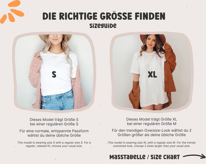 K&ouml;nnte beinhalten: Gr&ouml;&szlig;entabelle f&uuml;r Kleidung mit zwei Models, die wei&szlig;e T-Shirts tragen. Das Model links tr&auml;gt Gr&ouml;&szlig;e S mit einer regul&auml;ren Gr&ouml;&szlig;e S. Das Model rechts tr&auml;gt Gr&ouml;&szlig;e XL mit einer regul&auml;ren Gr&ouml;&szlig;e M. Der Text "DIE RICHTIGE GR&Ouml;SSE FINDEN" befindet sich oben im Bild. Der Text "MASSTABELLE / Size CHART" befindet sich unten im Bild.