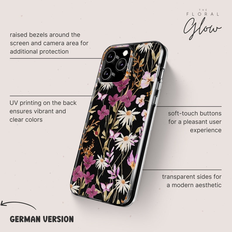 Floral iPhone Case, Flower Phone Case, Personalized Phone Case for iPhone 15 14 Plus Pro Max, 13 Mini, 12, 11, Aesthetic Phone Case w/ Name transparent