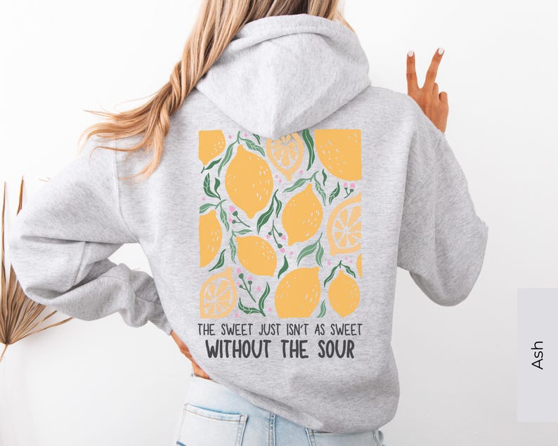 Retro Zitronen Hoodie, Affirmation Damen Hoodie, positiver Back Print Hoodie mit Spruch, Vintage Rückenprint, Blumen Hoodie mit Zitronen Ash
