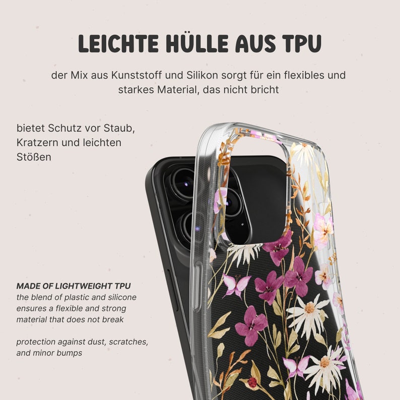 Blumen iPhone Hülle, transparente Handyhülle mit Wildblumen, personalisierbar für iPhone 15 Plus Pro Max 13 Mini 12 11, Boho Handyhülle Bild 5