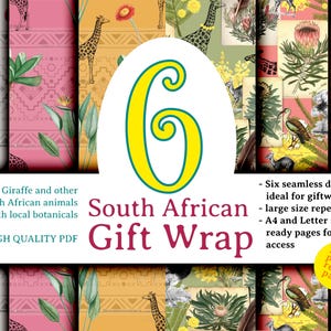 Puede incluir: Seis diseños de papel de regalo sudafricano sin costuras con jirafas, botánica local y otros animales sudafricanos. Disponible en tamaños A4 y carta para un acceso rápido.