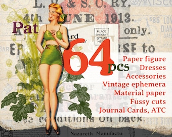 Vintage Paper Doll and Clothes (that fit), with Junk Journal Supplies - 10 pages, 64 pieces.