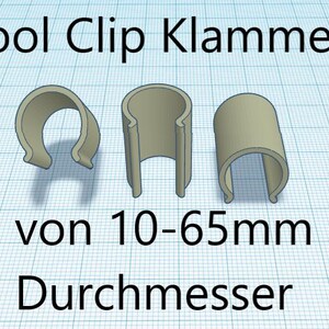 Könnte beinhalten: Drei beigefarbene Pool-Clips aus Kunststoff, die zum Befestigen von Poolnudeln oder anderen Poolspielzeug dienen. Der Text "Pool Clip Klammern von 10-65mm Durchmesser" ist unter den Clips aufgedruckt.
