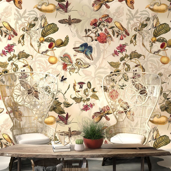 Peel and Stick Light Vintage Botanical Wallpaper with Butterflies, fruits and Tropical flowers. Self-adhesive or VINYL wall mural.