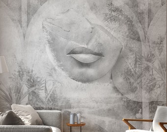 VINTAGE Black and White WALLPAPER. Ancient, oriental MURAL. Elegant,  Self adhesive, Concrete textured wall decor print.