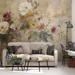Vintage big flowers wallpaper, painted floral mural. Cozy, romantic wall art. Peel and stick or textured vinyl.