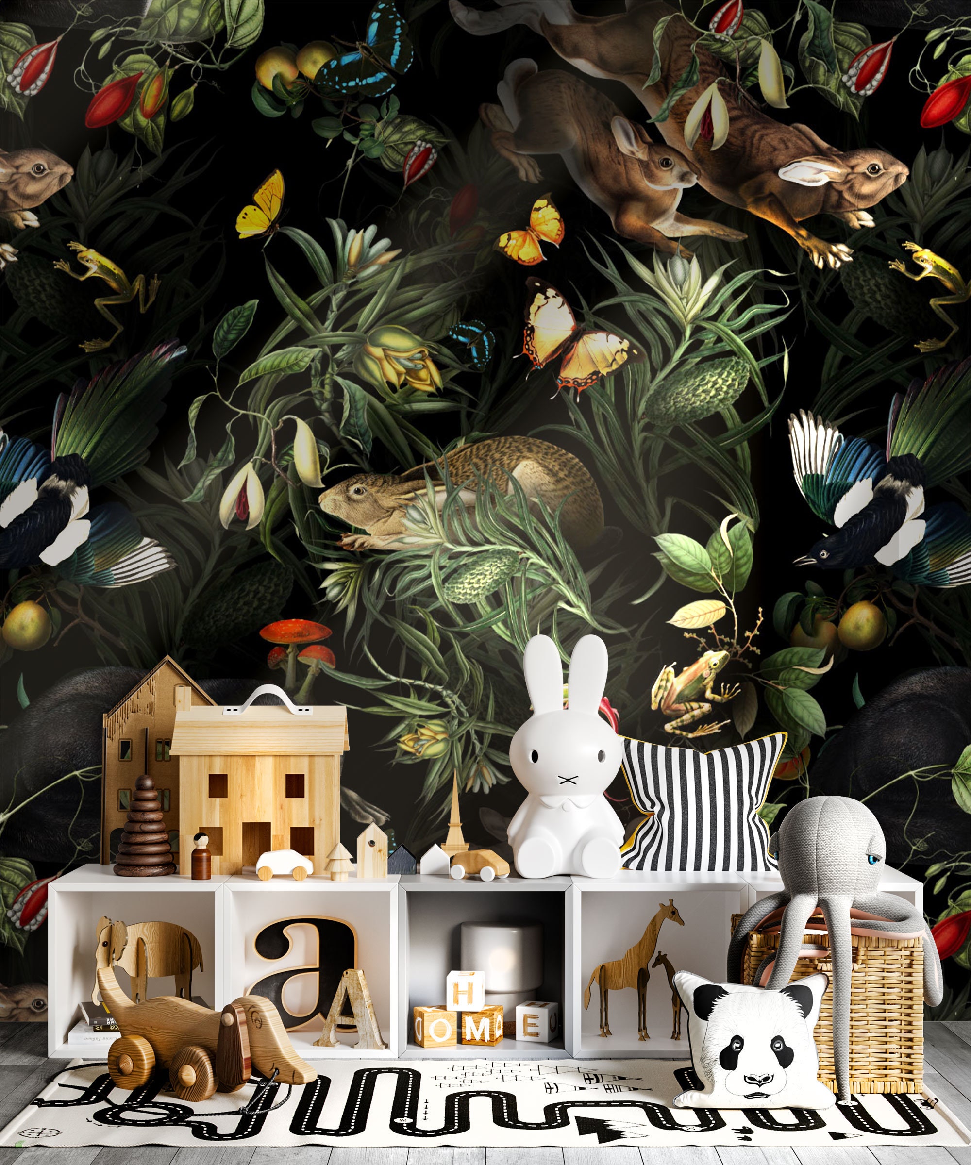 Peel and Stick Vintage Dark Botanical Wallpaper With Rabbits