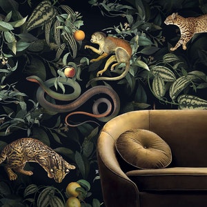 Dark Forest Wallpaper with Monkeys , Wild Cats, Tropical flowers. Tropical plants print, VINYL wall mural. Vintage floral wall print.