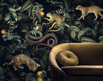 Dark Forest Wallpaper with Monkeys , Wild Cats, Tropical flowers. Tropical plants print, VINYL wall mural. Vintage floral wall print.