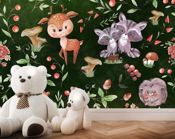 Nursery Wallpaper, cute animals wall decor with deer, fox,  teddy bear and hedgehog. Peel and stick, removable or VINYL wall print.