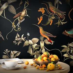 Dark Botanic Wallpaper with Hummingbirds, Butterflies and Tropical flowers. Self-adhesive or VINYL wall mural. Vintage floral wall print.