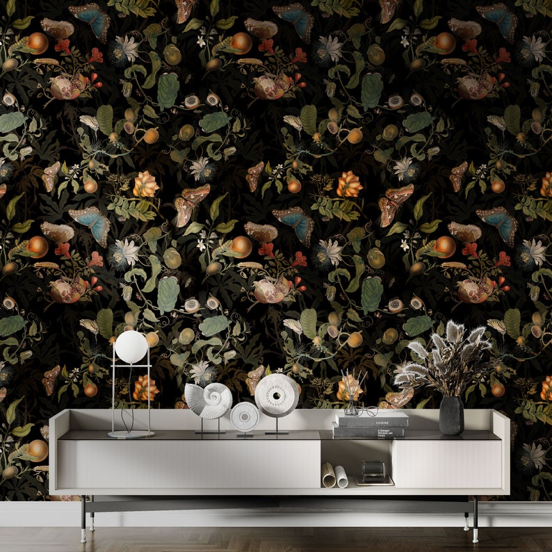 Vintage Botanical Wallpaper with Butterflies, fruits and Tropical flowers. Self-adhesive or VINYL wall mural. Dark floral wall print. image 5
