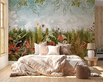 Cottagecore style wallpaper,  BOTANICAL wall mural. Rustic, Nature inspired peel and stick or regular wall art. Whimsical, moody wallpaper.