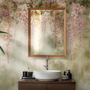 Pink Blossom Tree Wallpaper, for bathroom, bedroom, nursery wallart. Pink and Green. Peel and stick removable or vinyl textured.