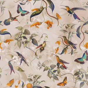 Light Botanic Wallpaper With Birds, Butterflies and Tropical Flowers