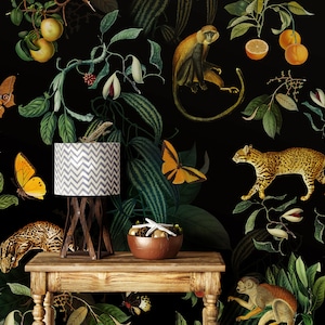 Peel And Stick Dark Botanical Wallpaper with Cheetah, Monkeys, Birds. Removable Jungle wallpaper, forest print, VINYL, Self-Adhesive.