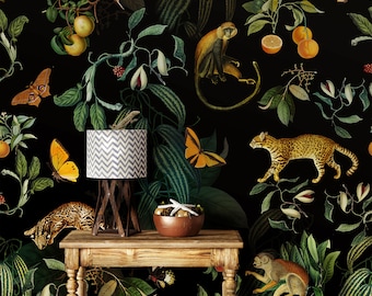 Peel And Stick Dark Botanical Wallpaper with Cheetah, Monkeys, Birds. Removable Jungle wallpaper, forest print, VINYL, Self-Adhesive.
