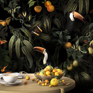 Dark Botanical Wallpaper with Birds, Butterflies and Tropical plants. Peel and Stick, Removable or regular vinyl Jungle wallpaper,