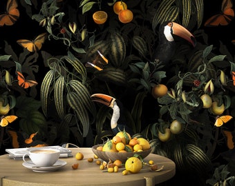 Dark Botanical Wallpaper: Vintage Birds, Butterflies, Tropical Jungle