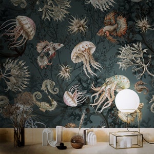 Whimsical wallpaper, underwater world. Peel and stick Botanical wall decor, tropical fish, jellyfish, octopus. Gray, blue.