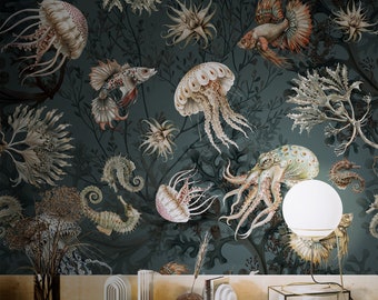 Whimsical wallpaper, underwater world. Peel and stick Botanical wall decor, tropical fish, jellyfish, octopus. Gray, blue.