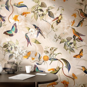 Light Botanic Wallpaper with birds, Butterflies and Tropical flowers. Self-adhesive or VINYL wall mural. Vintage floral wall print.