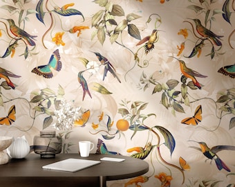Leichte Tapete mit Vögeln, Schmetterlingen und tropischen Blüten. Selbstklebend oder VINYL Wandbild. Vintage Blumenwandbild.