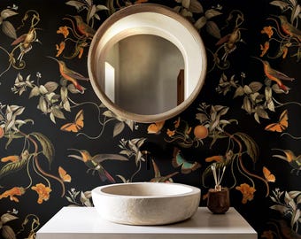 Dark Botanical Wallpaper, wall decoration. Hummingbirds & Tropical Flowers | Bloomcore Whimsigoth Wall Mural. Peel and Stick or vinyl.