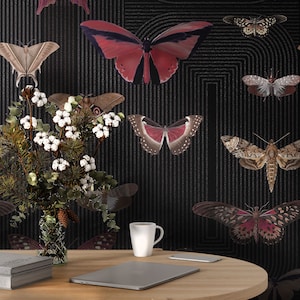 Botanical Wallpaper with Butterflies, dark Butterflies pattern. Self-adhesive or VINYL wall mural. Removable wall print. Living room wall.